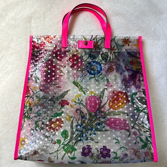 💯Auth GUCCI Calfskin Textured Vinyl Print Flora Tote Fluorescent Fuchsia NWT 🌸